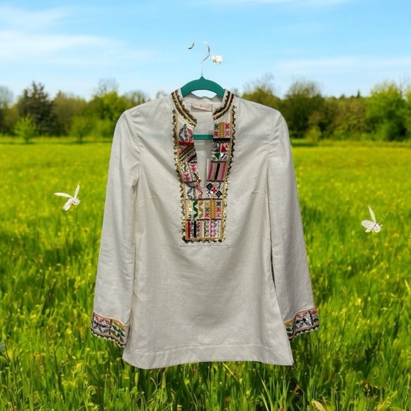 TORY BURCH Mandarin Embellished LS TORY TUNIC Size 0 New with Tags $450 - Picture 6 of 16